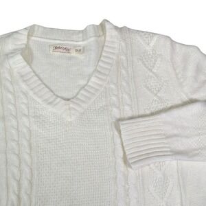 Faded Glory XXL (20) Cream V-Neck Cable Knit Sweater Preppy Coastal Grandma